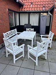 Havebordssæt træ, hvidt, bord, bænk og stole