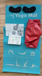 En blå yogamåtte + en stor rød bold + to vægte til f.eks. anklerne