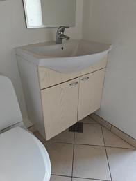 Badeværelsesskab med vask og overskab, lys træ