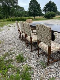 spisebord og Spisestuestole med blomstret betræk og udskårne ben